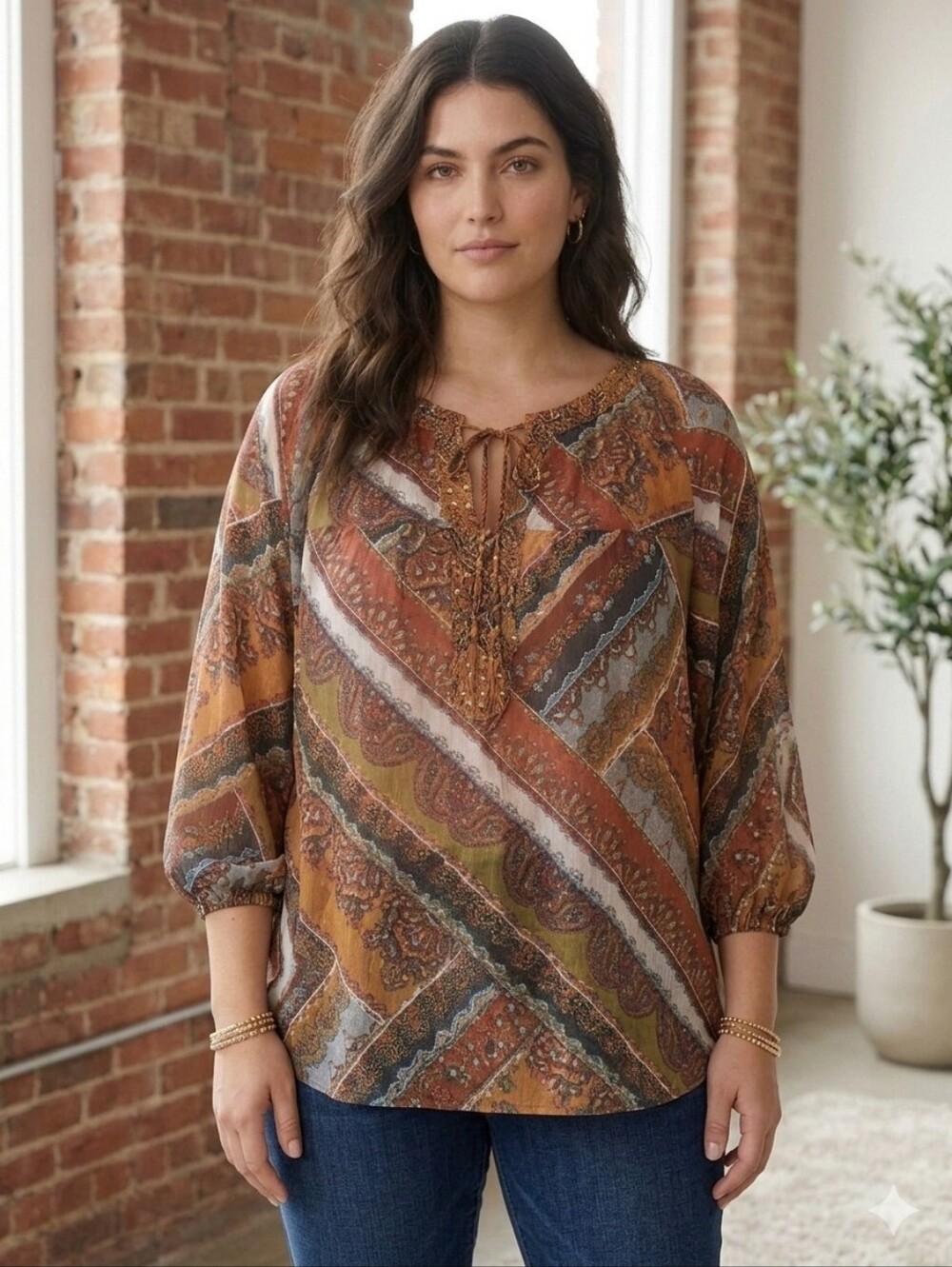 Fig and Flower - Anthropologie Boho Mixed Media Paisley Peasant Tunic
